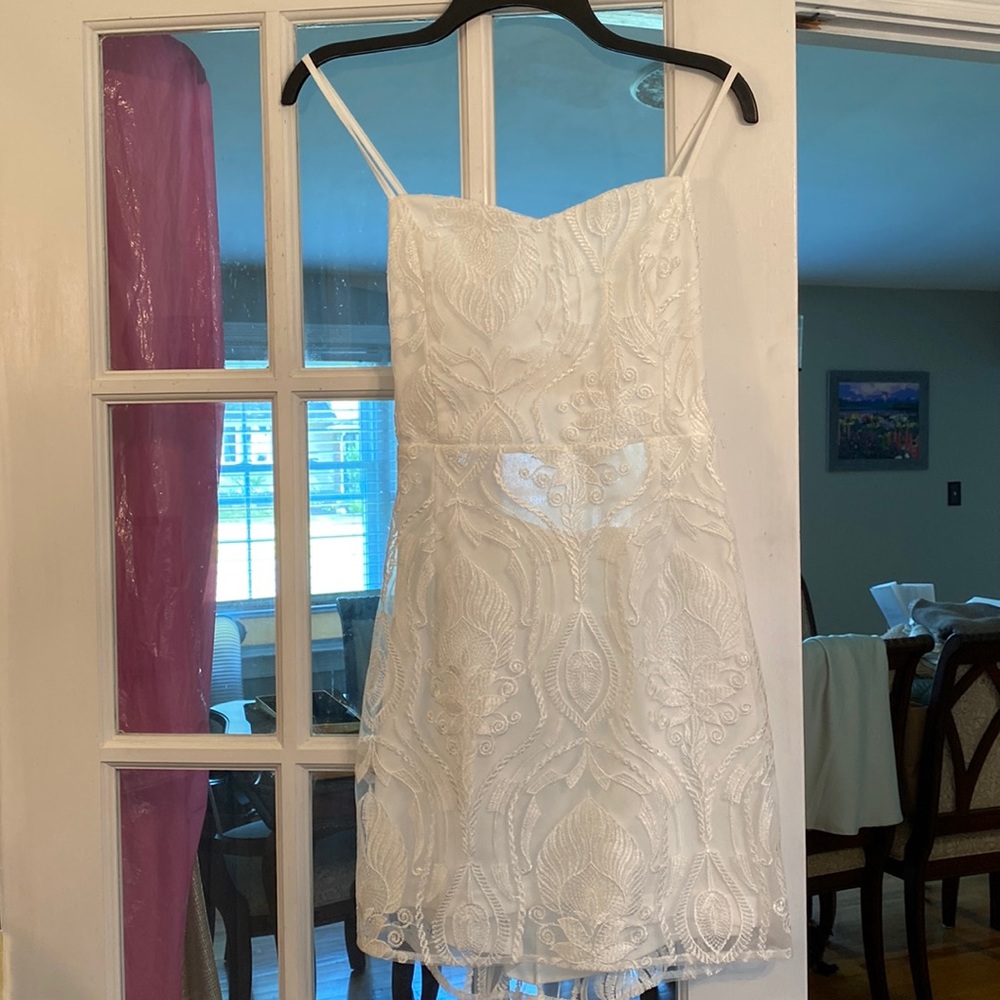 Lace up backless embroidery mesh cami dress